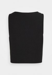 Black sleeveless top with ribbed texture, fitted design, and curved neckline. Smooth hem with no visible embellishments.