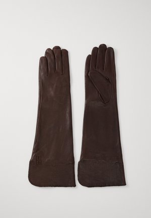 Brown leather gloves with a smooth texture, long design, and fitted shape. Features a sewn accent and subtle brand logo on cuff.