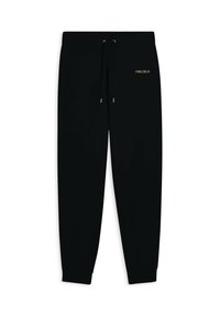 Pantalones jogger negros de tejido suave, con una cinturilla elástica con cordones y puños ajustados. Incluye detalles de marca en dorado.