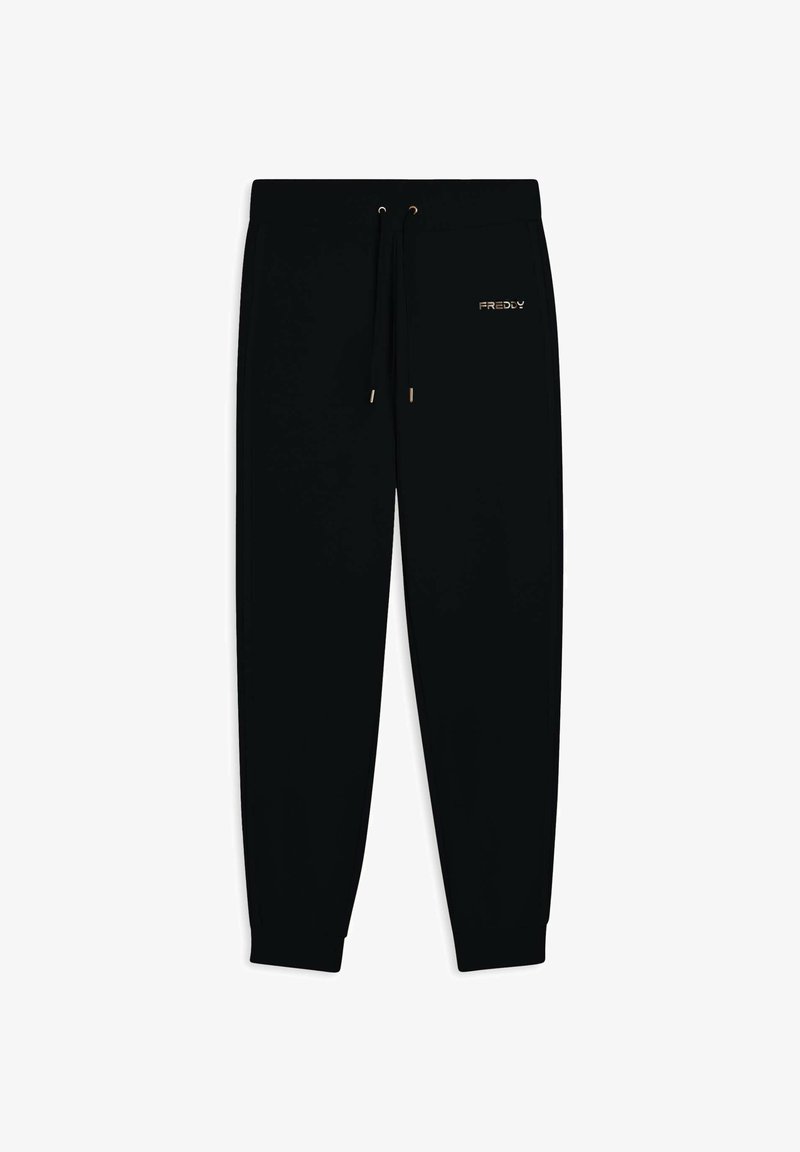 Pantalones jogger negros de tejido suave, con una cinturilla elástica con cordones y puños ajustados. Incluye detalles de marca en dorado.