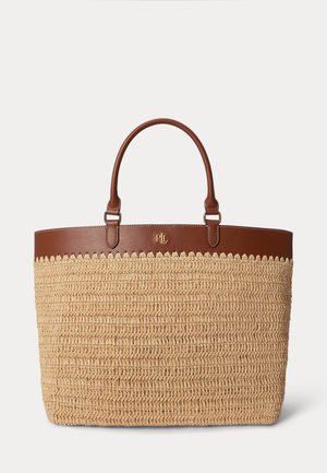 Beżowa pleciona torba typu tote z brązowymi skórzanymi wykończeniami i uchwytami, z małym złotym logo RLL na górnym środku.