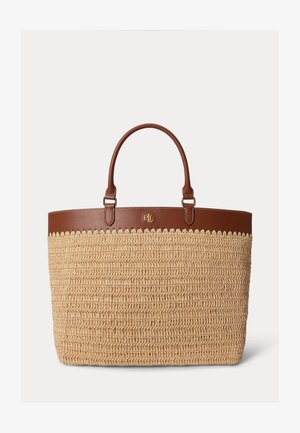 Πλεκτή μπεζ τσάντα ώμου με καφέ δερμάτινη επένδυση και λαβές, διακοσμημένη με μικρό χρυσό λογότυπο RLL στο πάνω κέντρο.