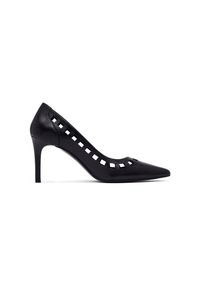 Escarpin en cuir noir à talon haut avec bout pointu, motif carré découpé sur les côtés et talon aiguille élégant.