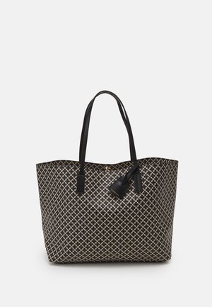 Black and gold patterned tote bag with two long handles, a structured shape, and a small decorative lock detail on one side.