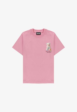 T-shirt rosa a maniche corte con una piccola grafica di un orsetto e la scritta "BARROW FRIENDLY" sulla parte sinistra del petto.
