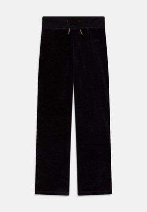 Pantalon en velours noir à coupe décontractée, doté d'une taille élastique et d'un cordon de serrage ajustable, agrémenté de détails en métal doré.