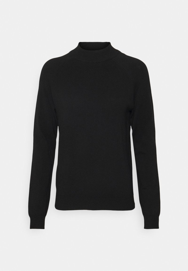 Svart tröja med hög muddkrage, långa raglanärmar och ribbade manschetter och nederkant. Tyget verkar slätt och lätt.