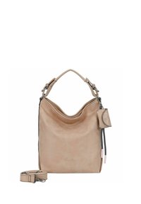Bolso de piel beige con un diseño flexible, apertura superior curva, correa desmontable y una pequeña etiqueta con un acento de cadena.