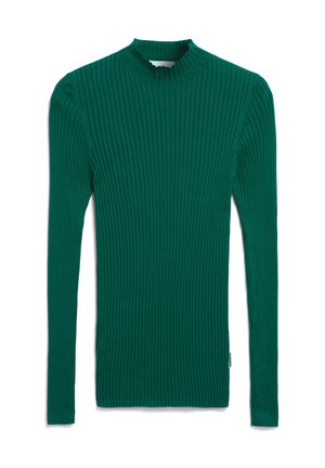 Green ribbed long-sleeve sweater with a high neck. Features vertical stripes and fitted design, made from stretchable fabric.
