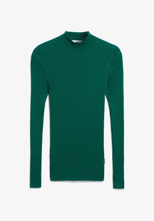 Pull à manches longues vert rayé et à col montant. Présente des rayures verticales et un design ajusté, fabriqué à partir d'un tissu extensible.