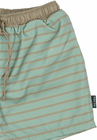 Pantaloni da bagno azzurri chiari con strisce orizzontali color sabbia, vita elasticizzata con cordoncino, e un'etichetta con logo sulla cucitura laterale.