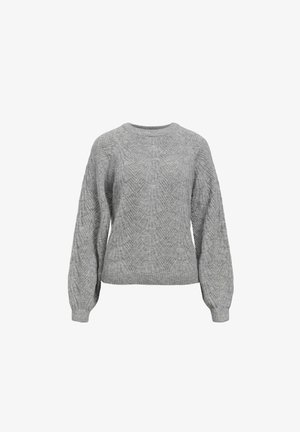 Pull en tricot gris avec un col rond, de longues manches bouffantes et des détails en motif texturé sur l'ensemble. Tissu en mélange de coton.
