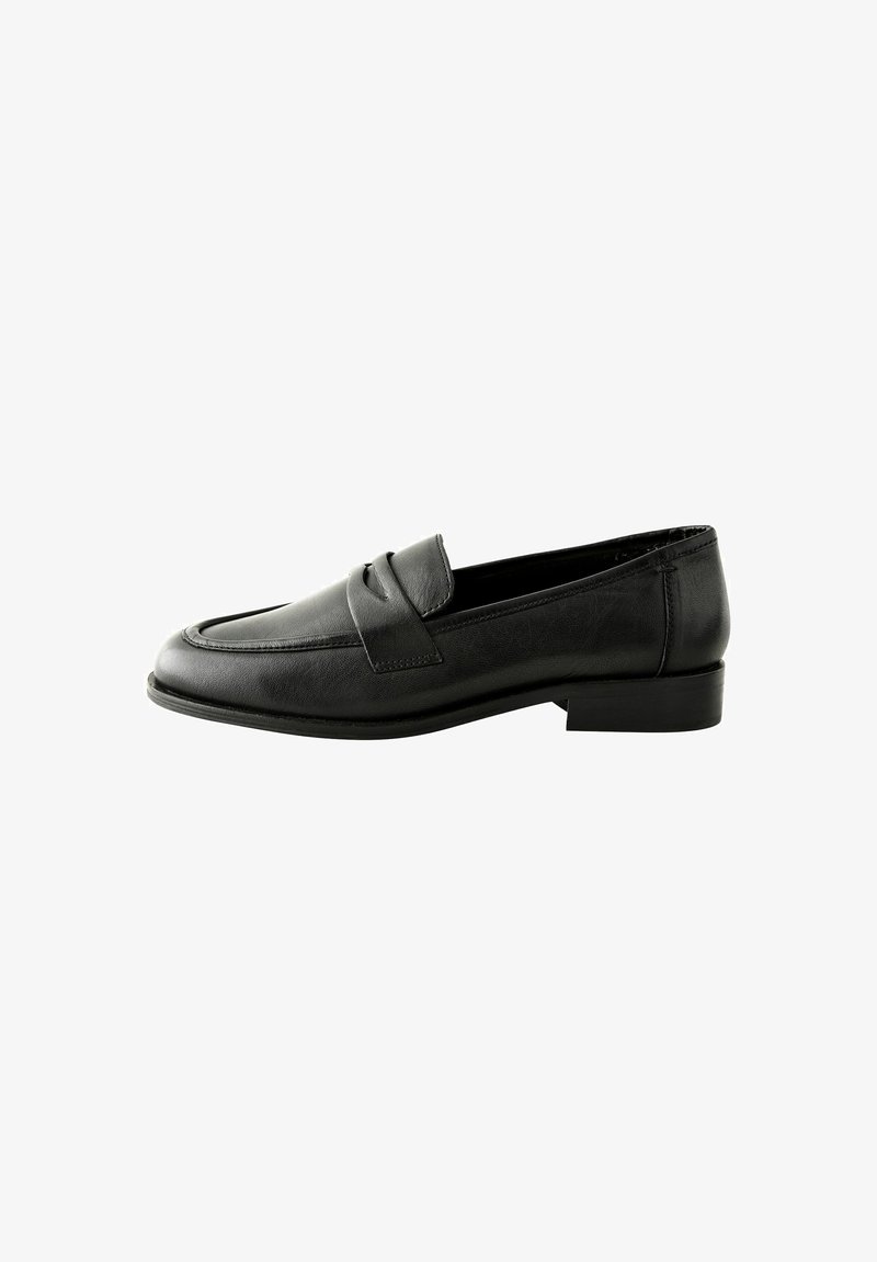 Must hallux nahk kingad, ümarate varvastega, väikese kontsaga ja ees oleva sadula rihmaga. Sile tekstuur ja peene õmbluse detail.