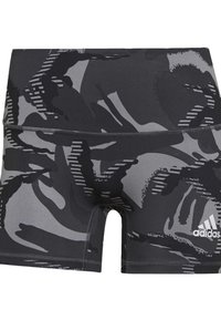 Pantaloni corti sportivi neri e grigi caratterizzati da un motivo camouflage, cintura elastica e dettagli cuciti. Logo Adidas sul lato.