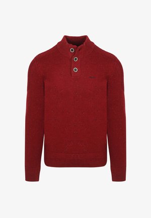 Roter Strickpullover mit hohem Kragen und dreiknopfiger Blende. Texturiertes Muster mit kleinen Sprenkeln sowie gerippten Bündchen und Saum.