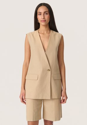 Frau mit langen glatten Haaren, die einen ärmellosen beigen Blazer und passende knielange Shorts trägt, steht vor einem einfarbigen hellen Hintergrund.