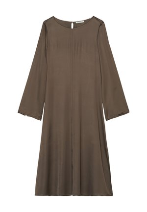 Pruun knee-length kleit, mis on valmistatud siledast kangast, pikade varrukatega, ümmarguse dekoltee ja võtmeaugu detailiga seljaosas.