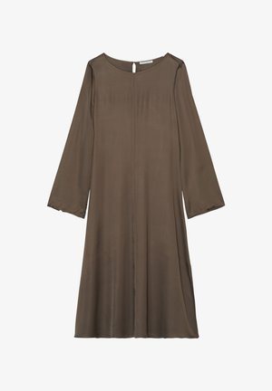 Brown knee-length dress made of smooth fabric, featuring long sleeves, a round neckline, and a keyhole detail at the back.