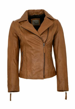 Brown leather jacket with asymmetrical front zipper, two zippered side pockets, braided detailing, and wide collar.