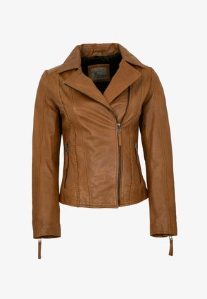 Braune Lederjacke mit asymmetrischem Frontreißverschluss, zwei seitlichen Reißverschlusstaschen, geflochtenen Details und weitem Kragen.