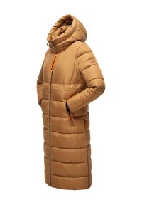 Long puffer coat in brown fabric with horizontal quilted pattern, oversized hood, and orange zipper accents. Features zippered pockets.