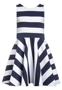 Pruhované šaty s bezrukávým tělem, s námořnickými a bílými vodorovnými pruhy, rozšířeným stylem sukně, vyrobené z měkké bavlněné tkaniny.