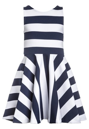 Gestreepte jurk met een mouwloze lijfje, met marineblauwe en witte horizontale strepen, uitlopend rokdesign, gemaakt van zachte katoenstof.