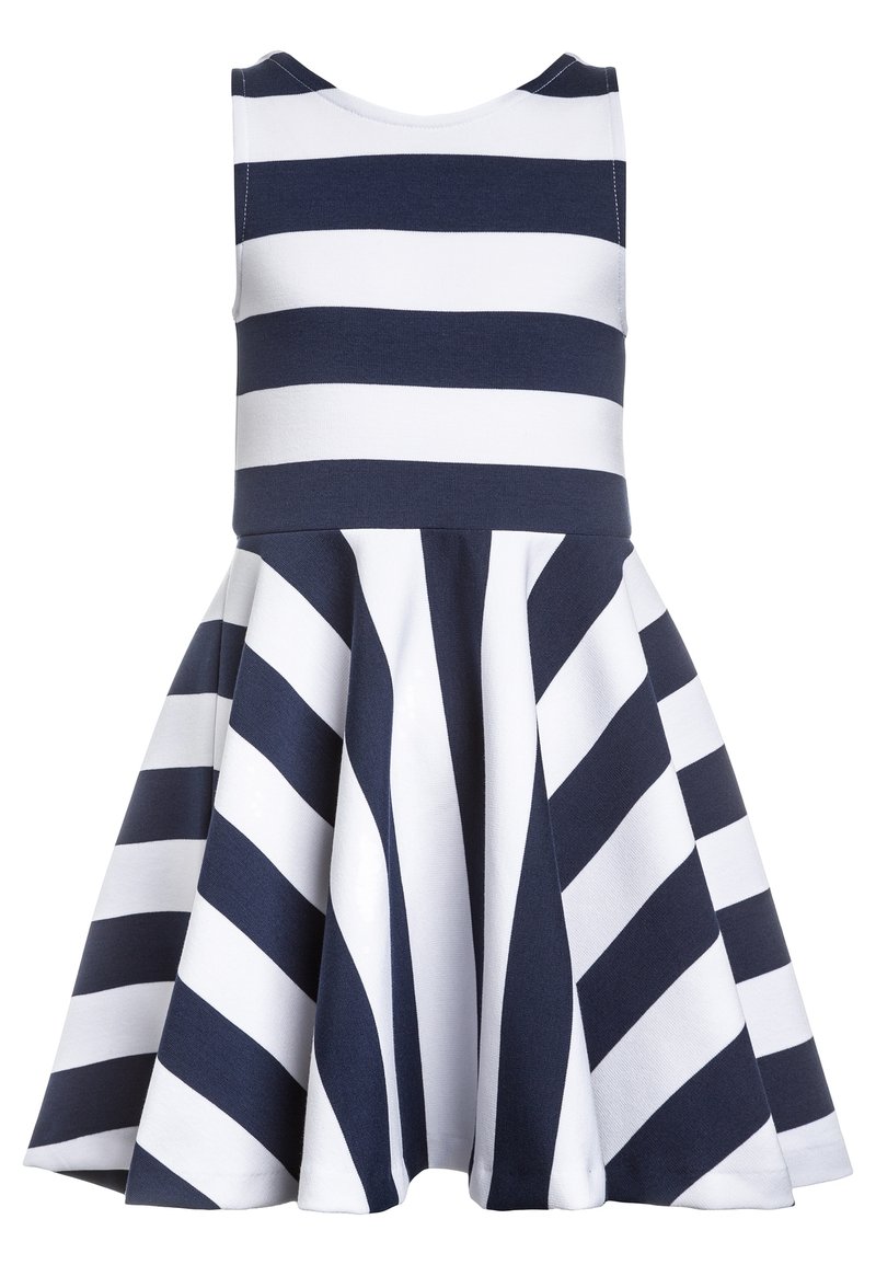 Pruhované šaty s bezrukávým tělem, s námořnickými a bílými vodorovnými pruhy, rozšířeným stylem sukně, vyrobené z měkké bavlněné tkaniny.