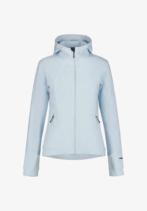 Hellblauer Reißverschluss-Pullover mit Kapuze aus weichem Material. Verfügt über schräge Nähte, zwei Reißverschlusstaschen und ein Logo auf dem Ärmel.