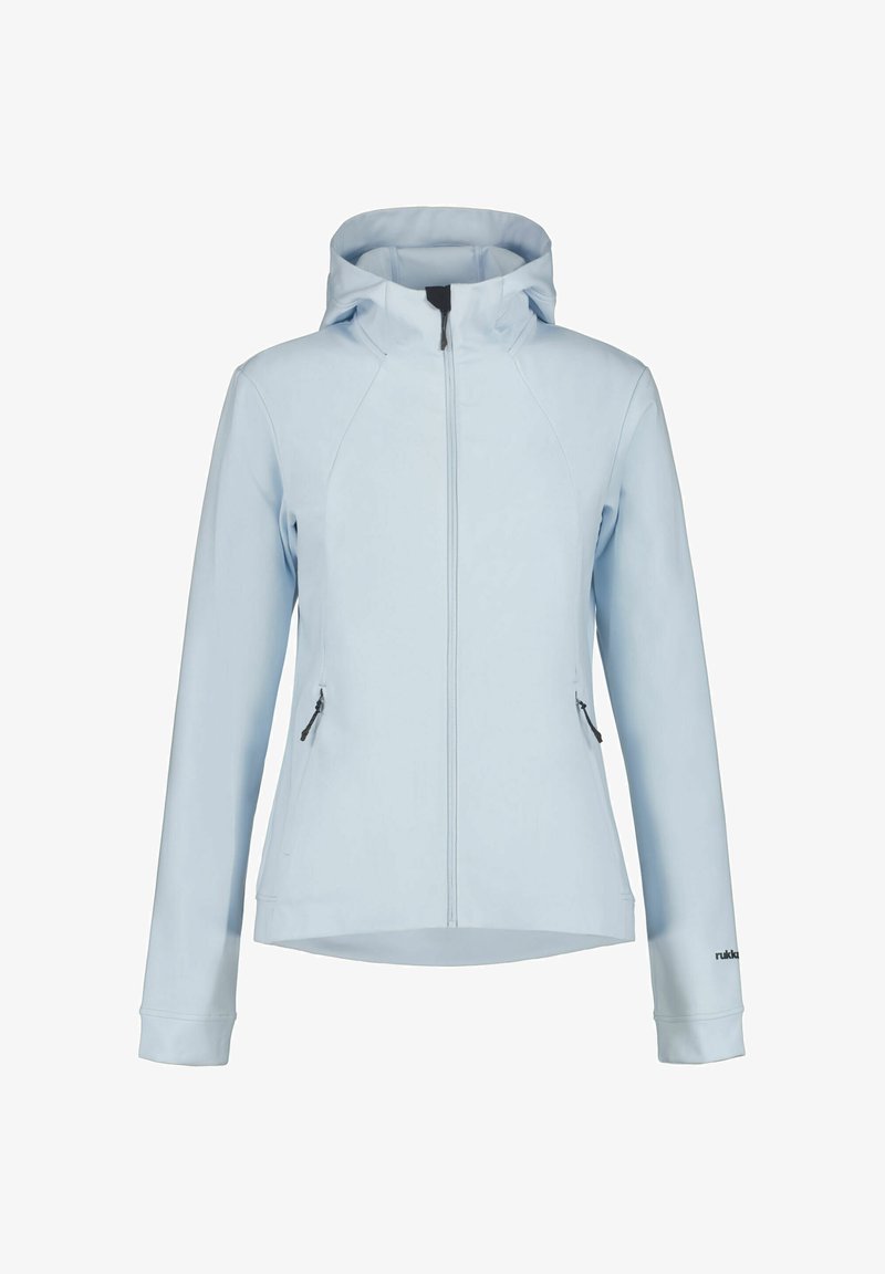 Jasnoniebieska kurtka na zamek z kapturem, wykonana z miękkiego materiału. Posiada skośne szwy, dwie kieszenie na zamek i logo na rękawie.