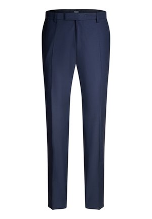 Pantaloni da uomo sartoriali blu navy con passanti per cintura e piega frontale, taglio aderente, abbigliamento formale.