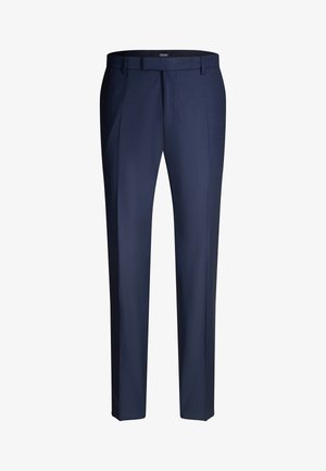 Pantalon habillé pour homme bleu marine, cintré, avec passants pour ceinture et pli avant, coupe ajustée, tenue formelle.