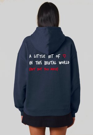 Navy blue hoodie with a large hood, featuring white and red graphic text on the back. Soft, cotton blend material and relaxed fit.