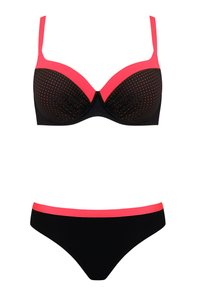 Czarny komplet stanik i bikini z różowo-pomarańczowym wzorem w kropki. Gładki materiał z regulowanymi ramiączkami i kontrastującymi detalami w postaci pasa.