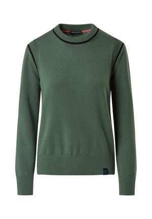 Maglione verde lavorato a maglia con scollatura rotonda, polsini e orlo a costine, con accenti a strisce nere a contrasto sulle spalle.