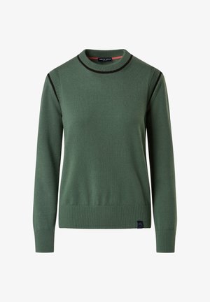 Maglione verde lavorato a maglia con scollatura rotonda, polsini e orlo a costine, con accenti a strisce nere a contrasto sulle spalle.