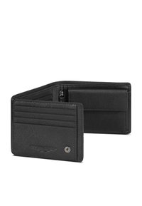 Cartera de cuero negra con múltiples ranuras para tarjetas y un compartimento con cremallera, con un acabado texturizado y un acento de hardware plateado.