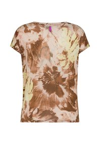 Brązowy t-shirt w kwiatowy wzór z krótkimi rękawami, okrągłym dekoltem i wielokolorowymi akcentami w odcieniach żółci i różu na jasnym tle.