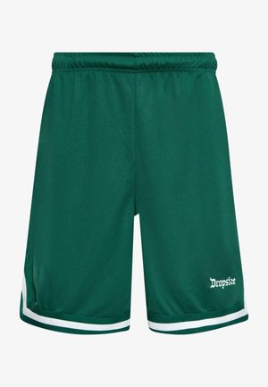 Zelene sportske kratke hlače od lagane tkanine, s teksturiranom površinom, elastičnim pojasom i bijelim bočnim prugama. Uključeni su i "Dropsize" logotip.