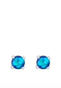 Cercei rotunzi cu pietre de opal de culoare verde-albastru, montate în metal de nuanță argintie. Pietrele au un model marmorat și o finisare netedă.