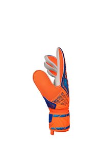 Guante de portero con un diseño en naranja y azul, con un cuerpo predominantemente naranja texturizado, detalles en azul y un patrón decorativo.