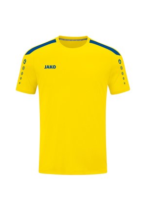 Gelbes Sport-T-Shirt mit kurzen Ärmeln. Mit blauen Akzenten an den Schultern und einem runden Ausschnitt. Logo "JAKO" in Blau auf der Brust.