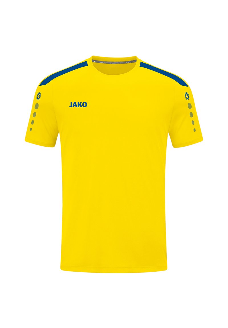 T-shirt de sport jaune à manches courtes. Présente des accents bleus sur les épaules et un col rond. Logo "JAKO" en bleu sur la poitrine.