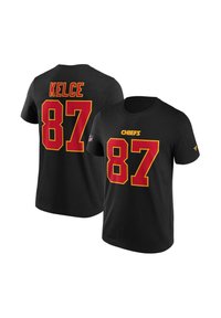 Camiseta negra de algodón, con letras rojas y amarillas que dicen "CHIEFS" en el frente y "KELCE 87" en la parte posterior en colores contrastantes y en negrita.