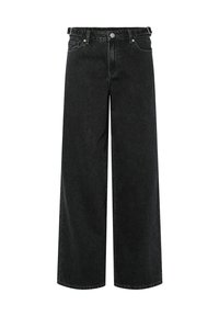 Pantalones de mezclilla negros de pierna ancha, con una cintura alta, diseño de cinco bolsillos y cierre frontal con botón. La tela tiene una textura suave con un desvanecimiento mínimo.
