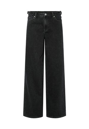 Jeans in denim nero a gamba larga, con vita alta, design a cinque tasche e chiusura anteriore con bottone. Il tessuto ha una texture liscia con una leggera sbiaditura.