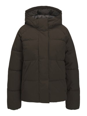 Brūns ar kapuci piepūšamais jackets ar kvadrātveida formu, quiltētu tekstūru un priekšējo rāvējslēdzēju. Iekļauj divas lielas priekšējās kabatas.