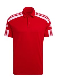 Rode polyester polo shirt met witte schouderaccenten, een placket met twee knopen en drie witte strepen op elke mouw. Bevat het Adidas-logo op de mouw.