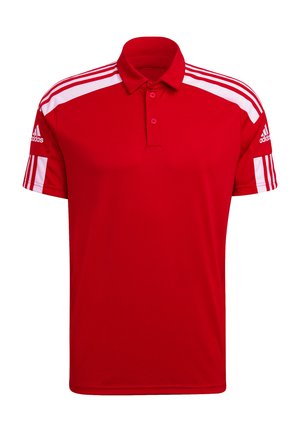 Polo shirt en polyester rouge avec des accents blancs sur les épaules, patte de boutonnage à deux boutons et trois rayures blanches sur chaque manche. Présente le logo Adidas sur la manche.