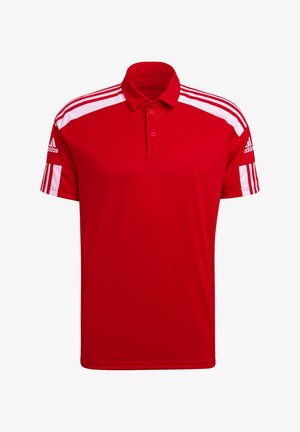 Rode polyester polo shirt met witte schouderaccenten, een placket met twee knopen en drie witte strepen op elke mouw. Bevat het Adidas-logo op de mouw.